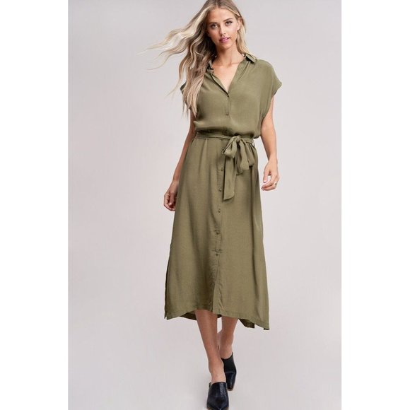 No Rest for Briget Arrays Shirt Dress M Olive Green Midi Sleeveless Belt Buttons - Picture 7 of 16